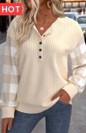 Beige Patchwork Plaid Long Sleeve Turn Down Collar Sweatshirt