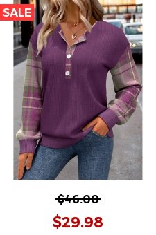 Purple Button Plaid Long Sleeve Split Neck Sweatshirt