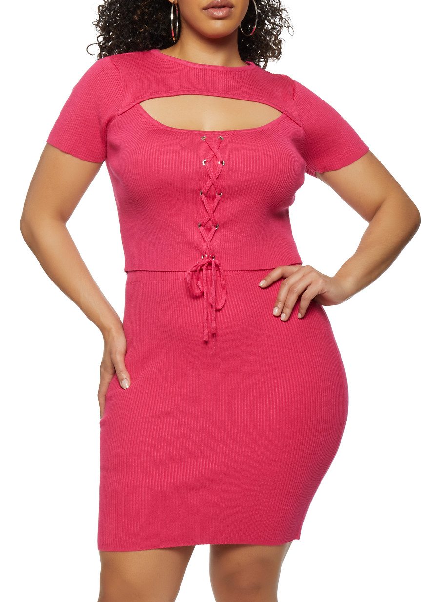 Plus Size Keyhole Lace Up Top and Pencil Skirt