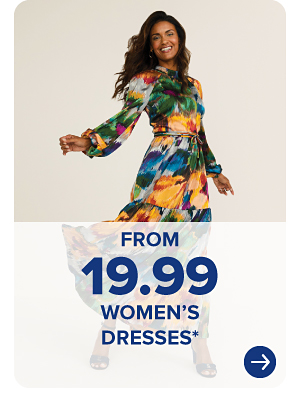 A woman in a bright floral dress. From 19.99 women's dresses.