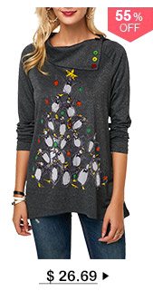 Button Embellished Penguin Print Long Sleeve Christmas T Shirt