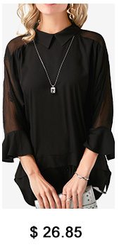 Flare Cuff Layered Mesh Panel Black Blouse