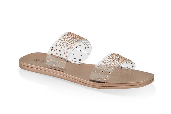 Rhinestone Studded Double Band Slide Sandals