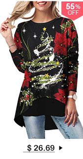 Christmas Printed Long Sleeve Black Button Back T Shirt