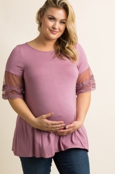 Pink Crochet Mesh Sleeve Plus Maternity Top