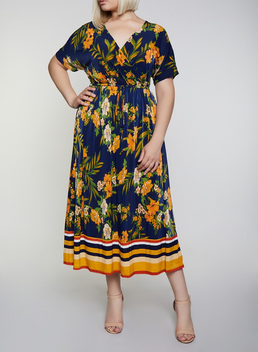 Plus Size Faux Wrap Floral Border Print Maxi Dress