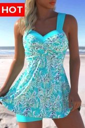 Surplice Leaf Print Cyan Swimdress and Shorts