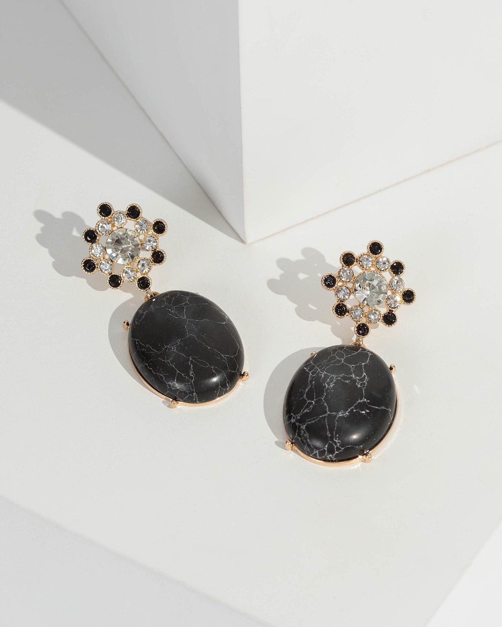 Image of Black Round Geometric Stone Drop Earrings