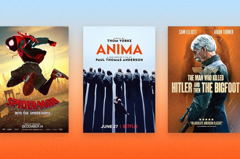 Three movie posters on a bright gradient background