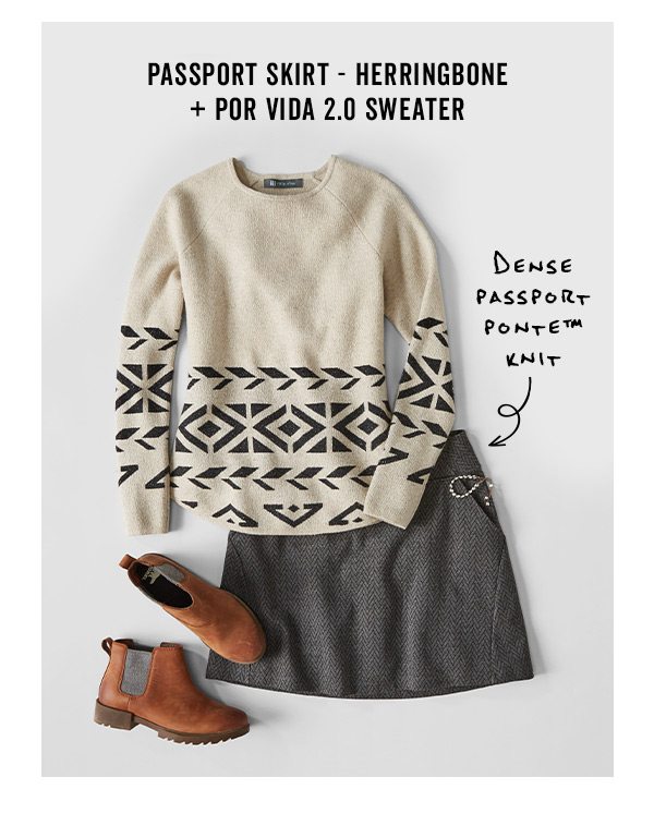 Shop the Passport Skirt - Herringbone + Por Vida 2.0 Sweater >