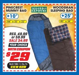 Rugged Exposure Pinecrest +10° Mummy Bag or Woodsman +25° Sleeping Bag