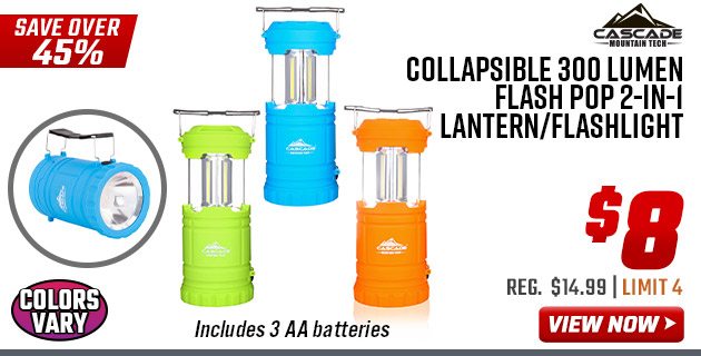 Cascade Mountain Tech Collapsible 300 Lumen Flash Pop 2-in-1 Lantern/Flashlight