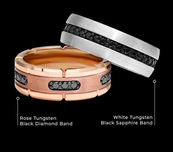 Rose Tungsten Black Diamond Band & White Tungsten Black Sapphire Band