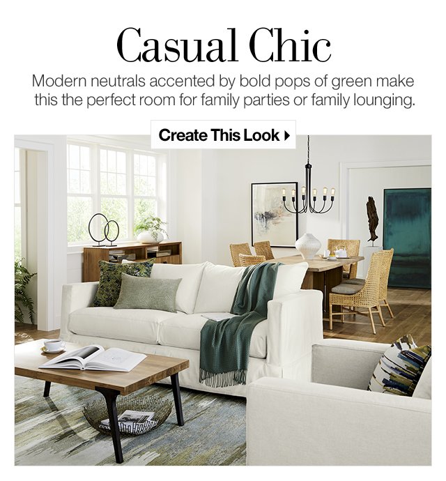 Casual Chic: Modern neutrals accented by bold pops of green make this the perfect room for family parties or family lounging. Create This Look