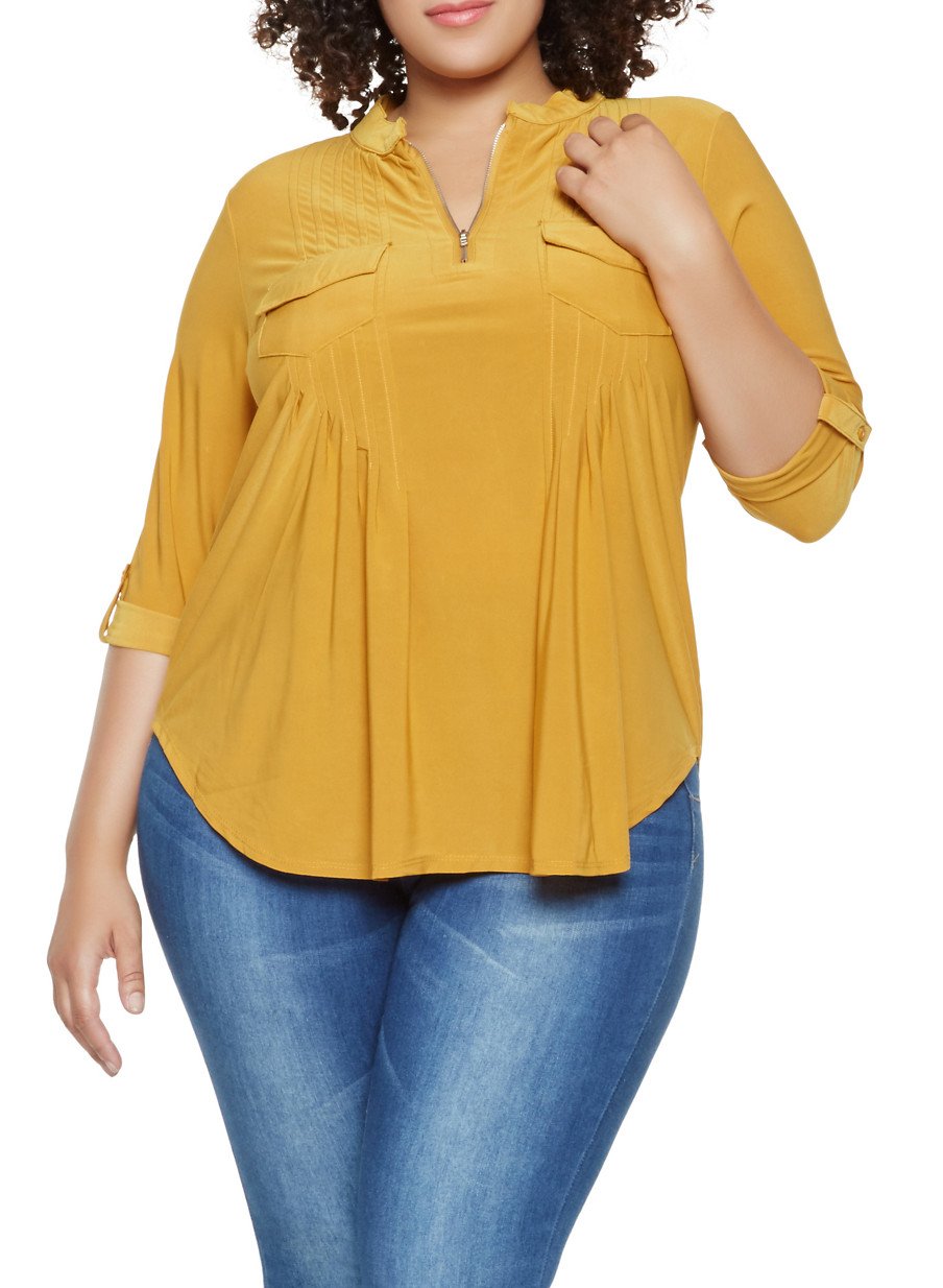 Plus Size Zip Up Pleated Top