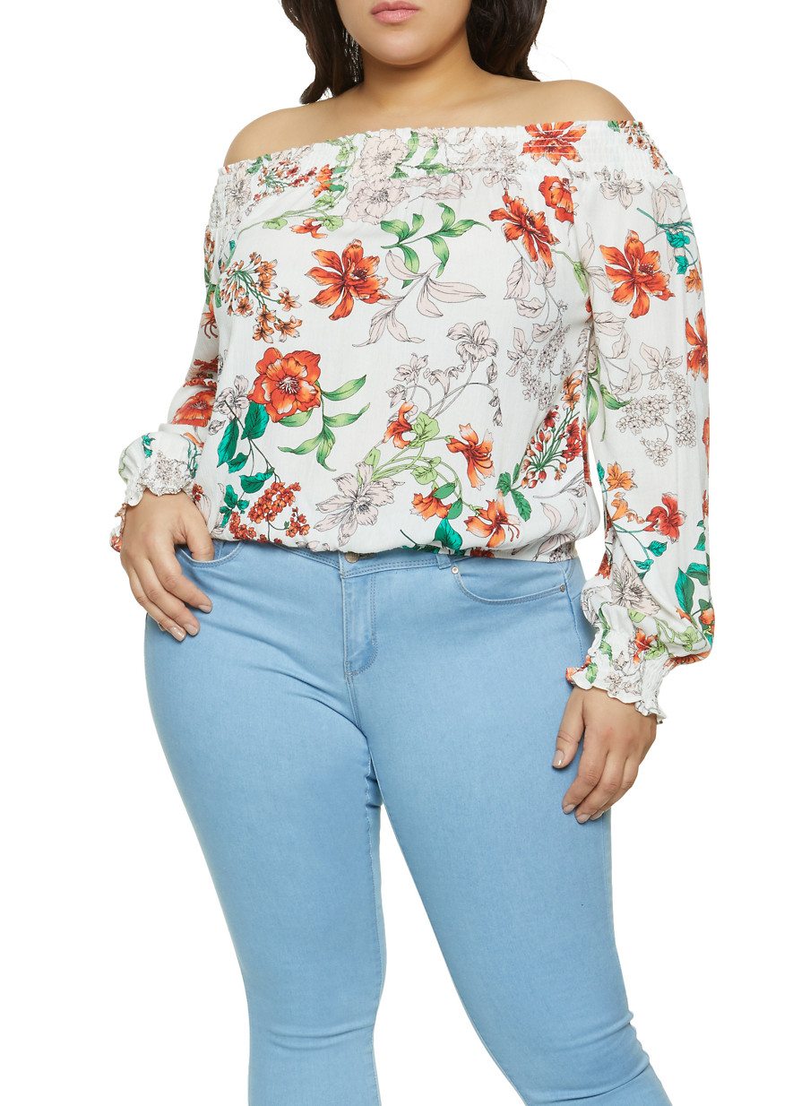 Plus Size Floral Off the Shoulder Smocked Trim Top