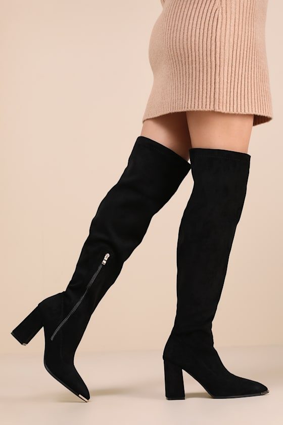 Image of Bellwood Black Suede Pointed-Toe Over-the-Knee Boots