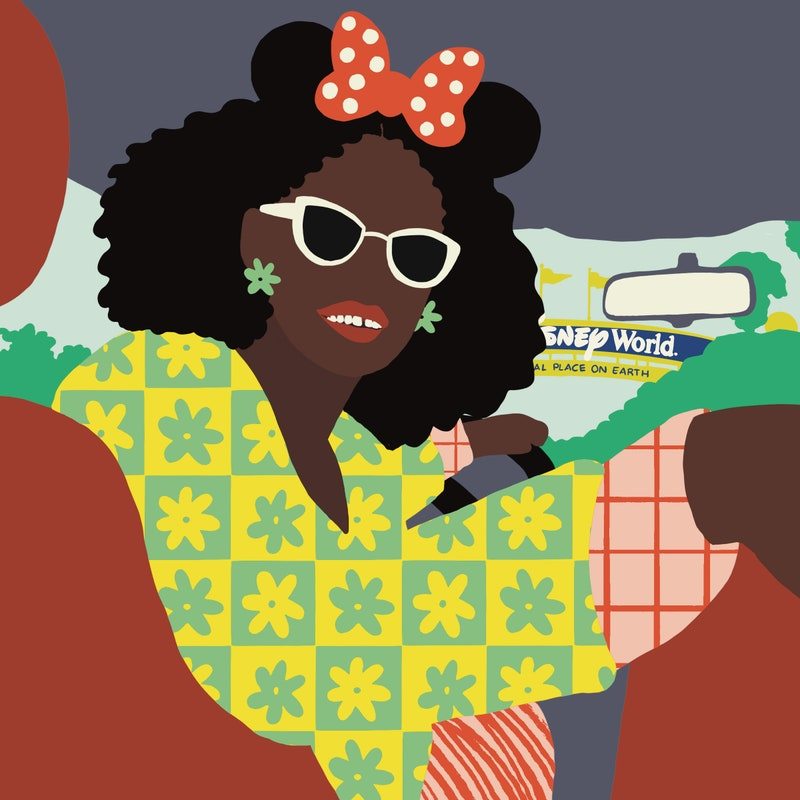 digital illustration of a black woman wearing minnie mouse ears driving into disney world