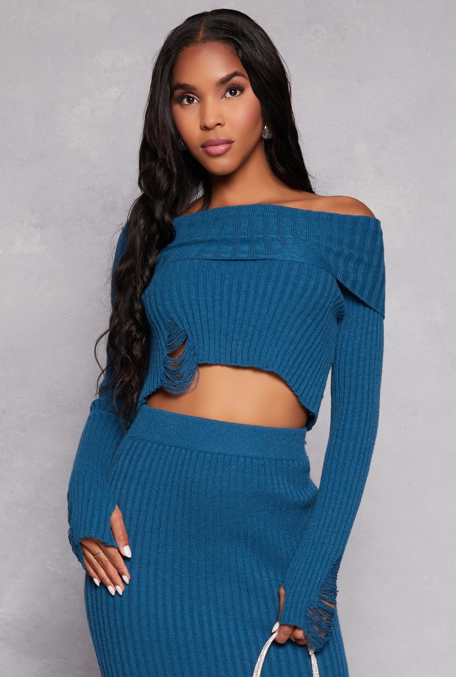 Distressed Ribbed Knit Off the Shoulder Sweater