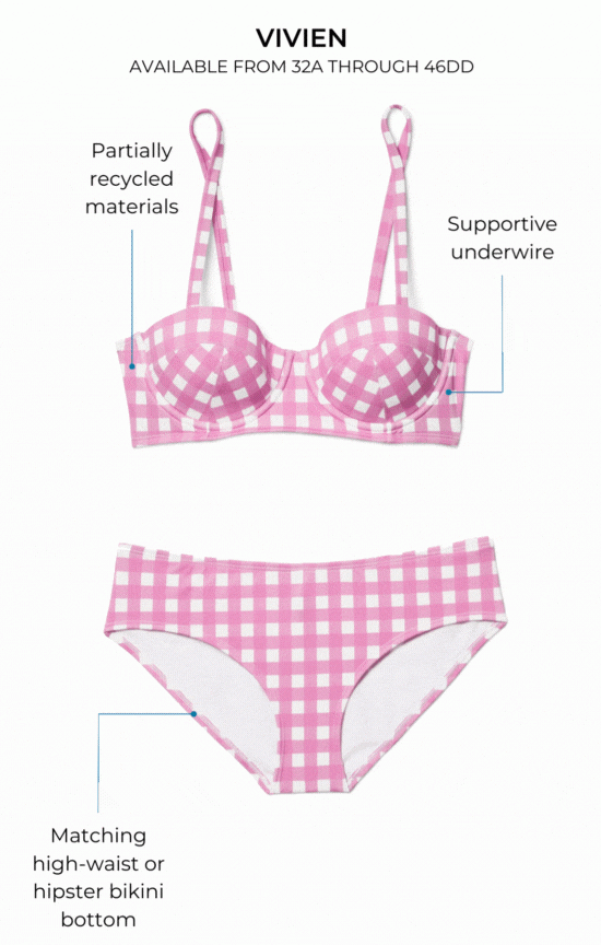 VIVIEN - AVAILABLE FROM 32A THROUGH 46DD. Partially recycled materials. Supportive underwire. Matching high-waist or hipster bikini bottom