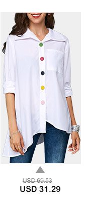 Button Up Asymmetric Hem Pocket White Blouse