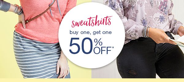 Sweatshirts: buy one, get one 50% off*