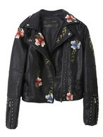 Women Biker Jacket Studded Flower Embroidered Long Sleeve Faux Leather Jacket