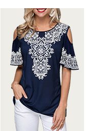 Retro Print Cold Shoulder Half Sleeve T Shirt