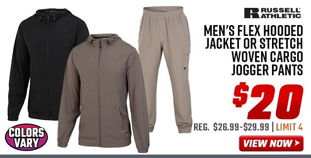 Russell Athletic Men's Flex Hooded Jacket or Stretch Woven Cargo Jogger Pants