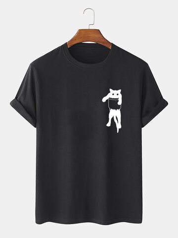 Cartoon Cat Chest Print T-Shirts