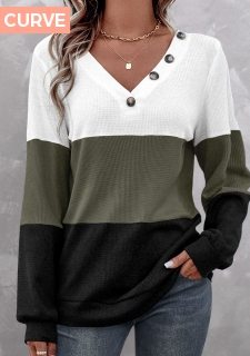 ROTITA Plus Size Patchwork Olive Green V Neck Sweatshirt