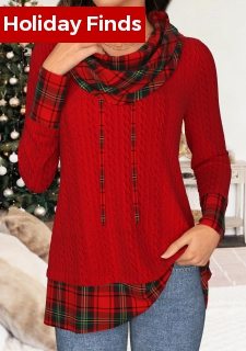 Christmas Red Patchwork Plaid Long Sleeve Cowl Neck Sweatshirt