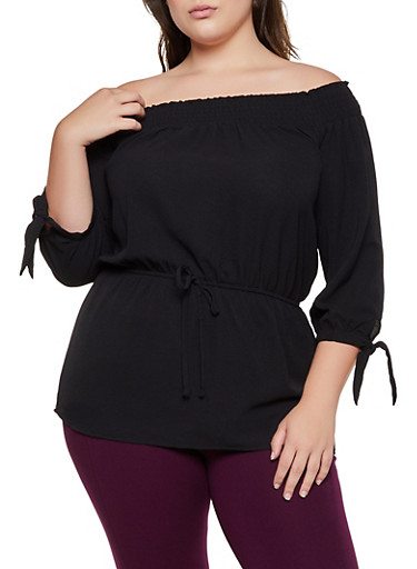 Plus Size Crepe Knit Off the Shoulder Tie Waist Top