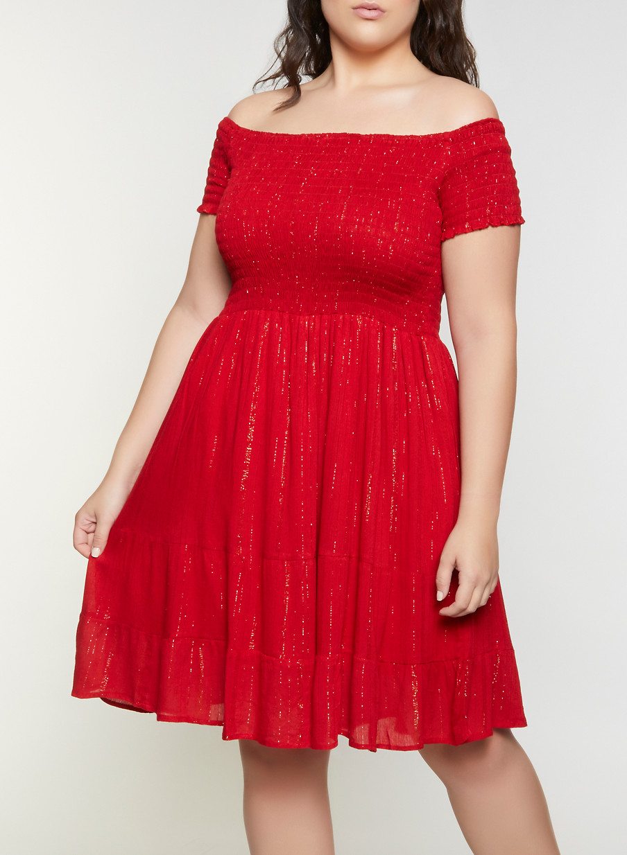 Plus Size Smocked Off the Shoulder Babydoll Dress