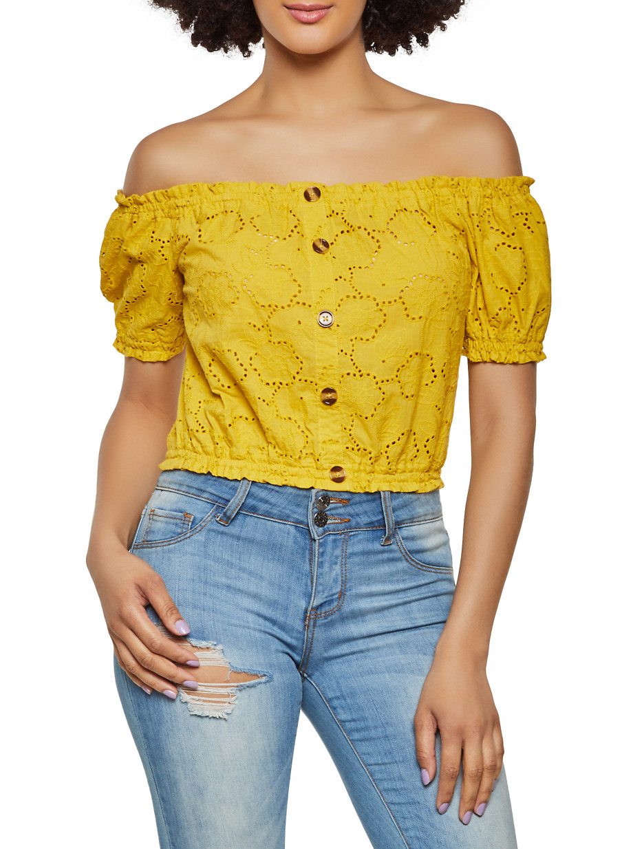 Button Off the Shoulder Eyelet Top