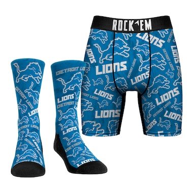 Men's Rock Em Socks Detroit Lions All-Over Logo Underwear and Crew Socks Combo Pack