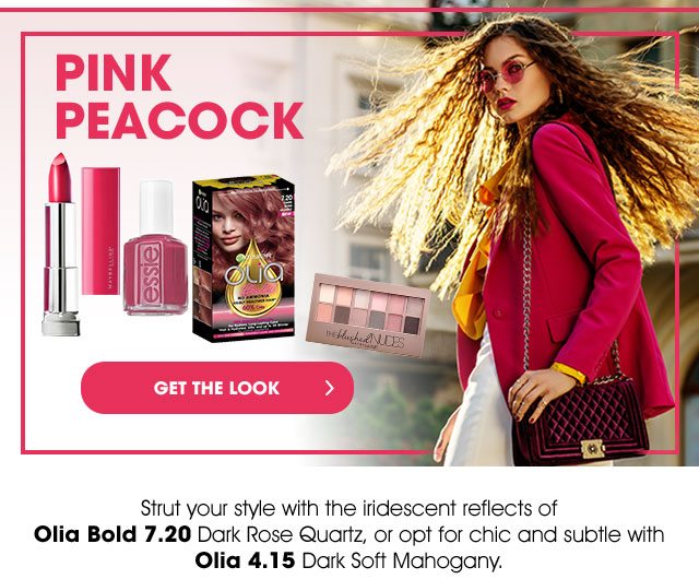 PINK PEACOCK - GET THE LOOK > - Strut your style with the iridescent reflects of Olia Bold 7.20 Dark Rose Quartz, or opt for chic and subtle with Olia 4.15 Dark Soft Mahogany.