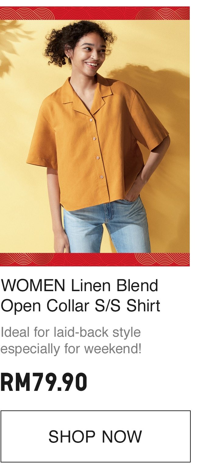 WOMEN Linen Blend Open Collar S/S Shirt