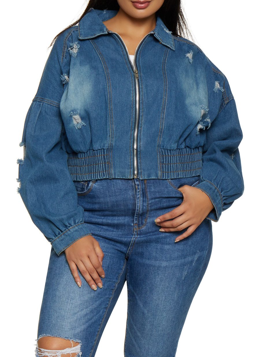 Plus Size Distressed Cropped Denim Jacket