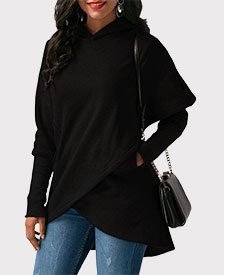 Black Asymmetric Hem Long Sleeve Pocket Hoodie