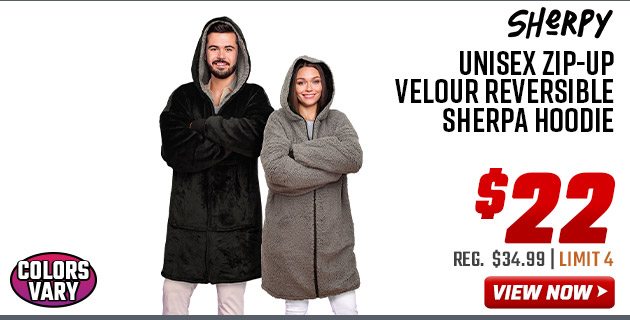 Sherpy Unisex Zip-Up Velour Reversible Sherpa Hoodie