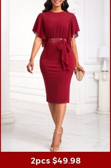 Tie Belted Wine Red Short Sleeve Bodycon Dress