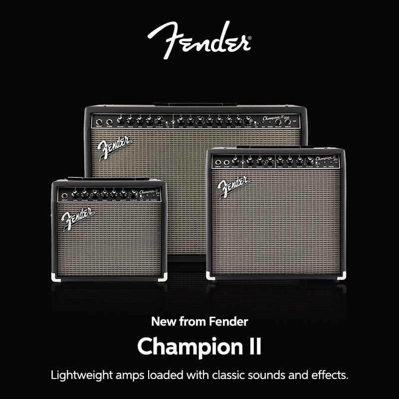 New from Fender. Champion II. Lightweight amps loaded with classic sounds and effects.