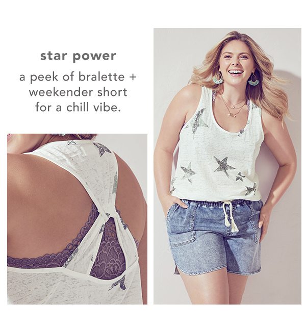 Star power. A peek of bralette + weekender short for a chill vibe.