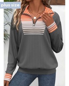 ROTITA Plus Size Circular Ring Grey Striped Long Sleeve Sweatshirt