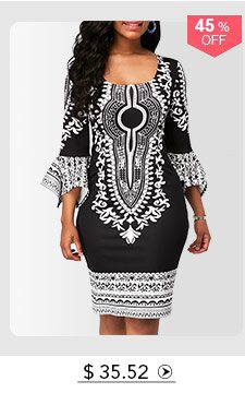 Asymmetric Hem Flare Sleeve Printed Dress