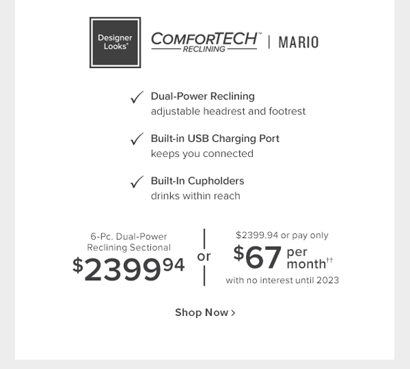 omfortech reclining - mario. 6-pc. dual-power reclining sectional $2399.94