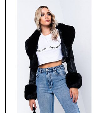 AZALEA WANG FUR TRIM GISELLE CROP JACKET IN BLACK