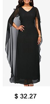 Cape Shoulder V Neck Black Chiffon Dress