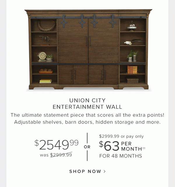 Union City Entertainment wall. The ultimate statement piece that scores all the extra points! Adjustable shelves, barn doors, hidden storage and ore. Shop Now.